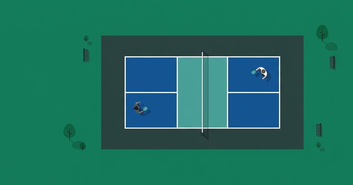 Top-down illustration of a pickleball court with the net, a shaded kitchen zone on each side and two players