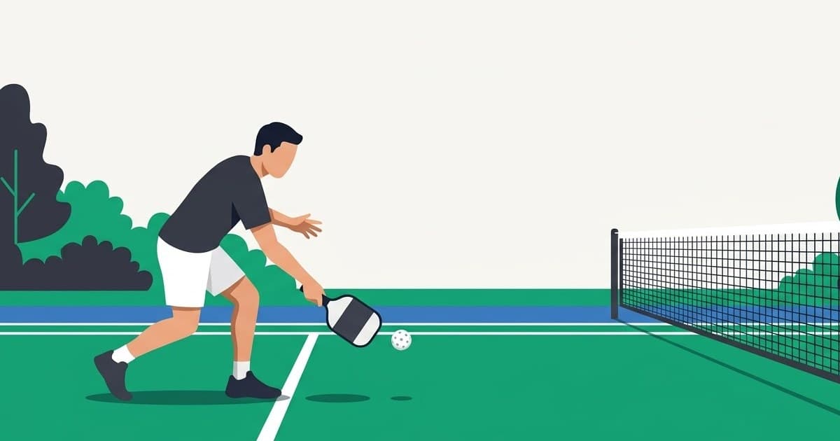 Illustration of a faceless player making a low drop serve behind the baseline
